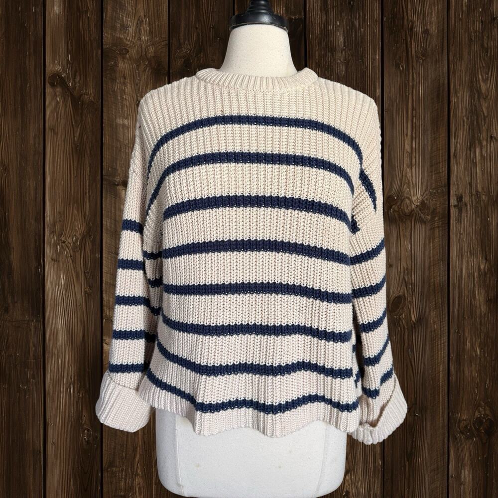 525 America Sweater Striped Cropped‎ Oversize 43" Bust XS 100% Cotton Cream Navy